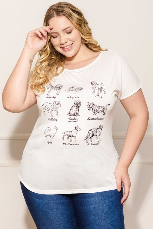 Camiseta Feminina Plus Size Cachorros - Branco