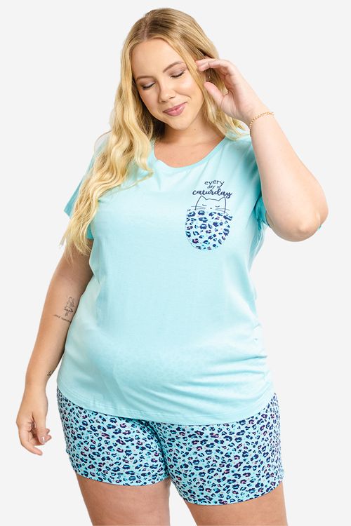 Pijama Feminino Plus Size Cat - Azul