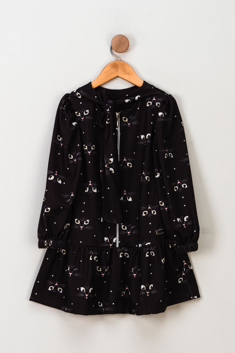 Vestido-Infantil-Feminino-Gatinhos---Preto
