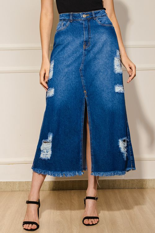 Saia Midi Jeans Feminina – Azul