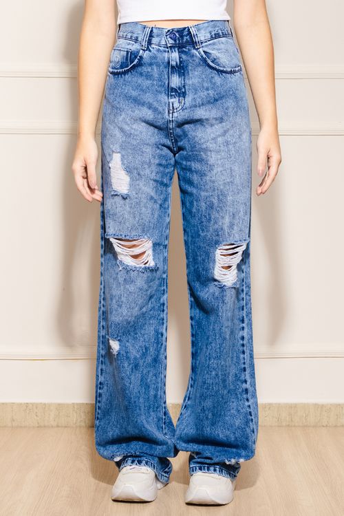 Calça Feminina Wide Leg Jeans Smile - Azul