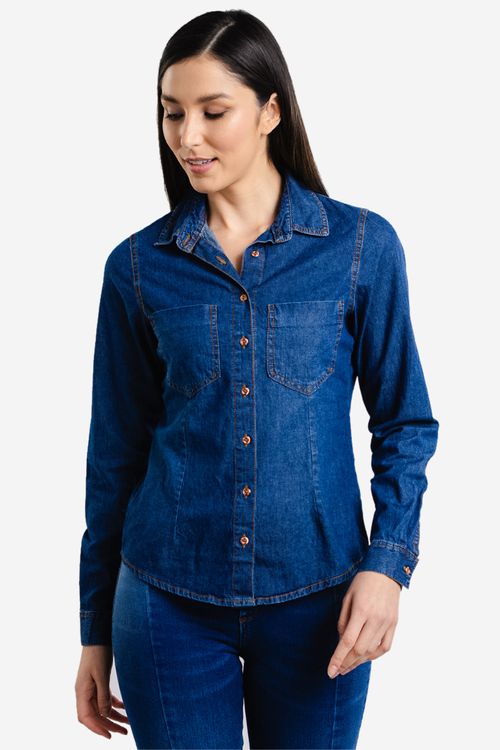 Camisa Feminina Jeans com Bolso - Azul