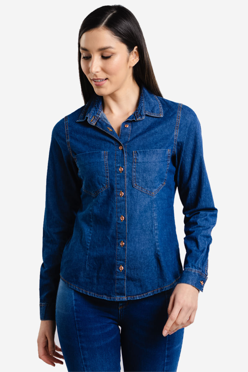 Camisa-Feminina-Jeans-com-Bolso---Azul