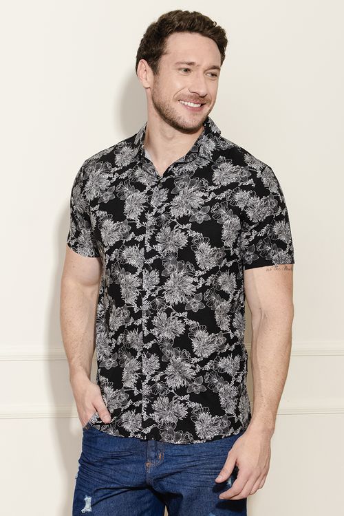 Camisa Masculina Floral Dixie Jeans- Preto