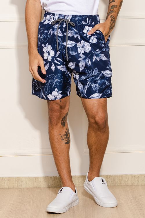 Bermuda Masculina Tactel Floral - Azul