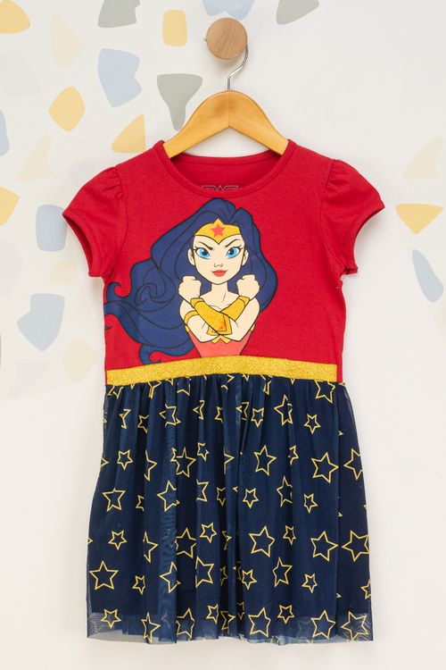 Vestido Infantil Feminino Mulher Maravilha - Vermelho