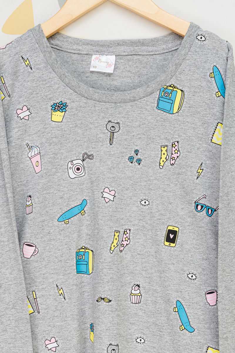 Camiseta-Juvenil-Feminina-Icones---Cinza