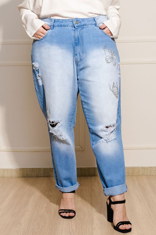 Calça Feminina Plus Size Jeans Borboletas Vizzy Jeans - Azul