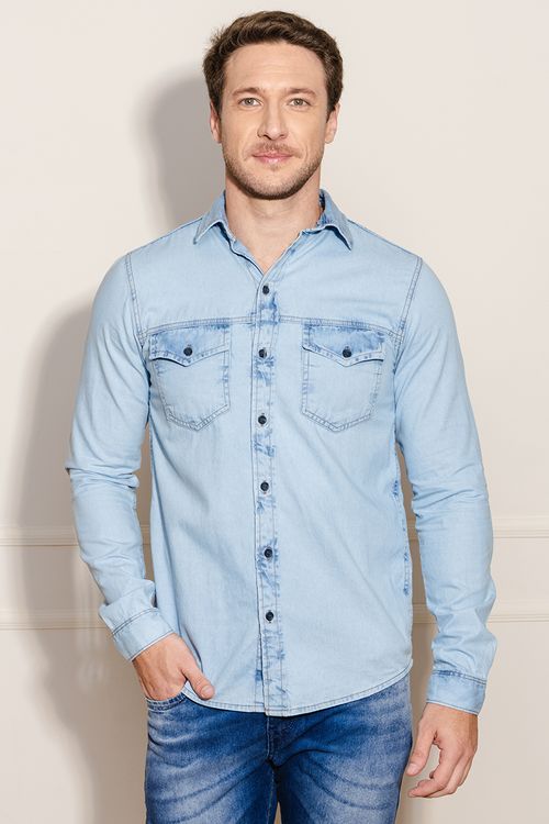 Camisa Masculina Jeans Bolsos - Azul