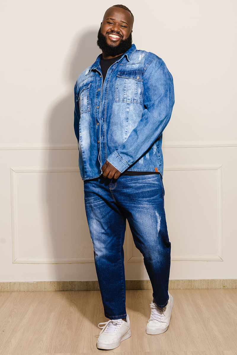 Camisa-Masculina-Plus-Size-Jeans---Azul