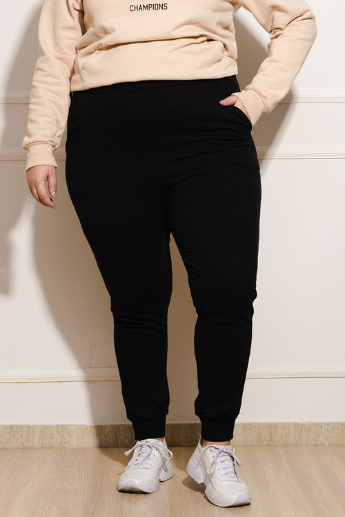 Calça Moletom Feminina Plus Size Jogger - Preto