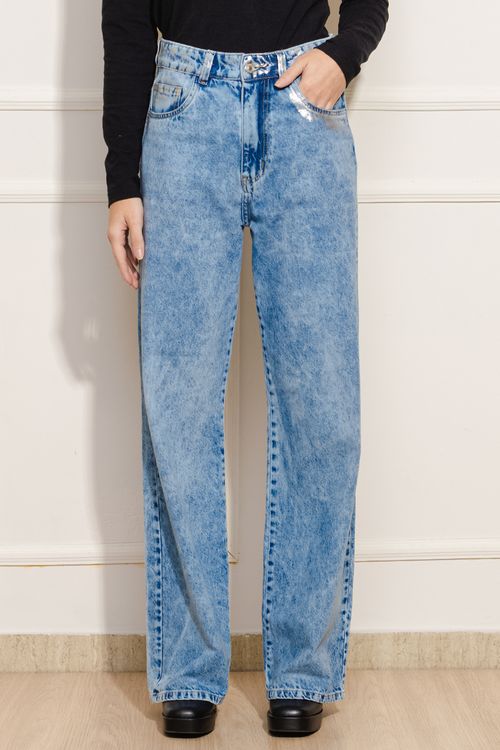 Calça Feminina Wide Leg Jeans Detalhe Foil
