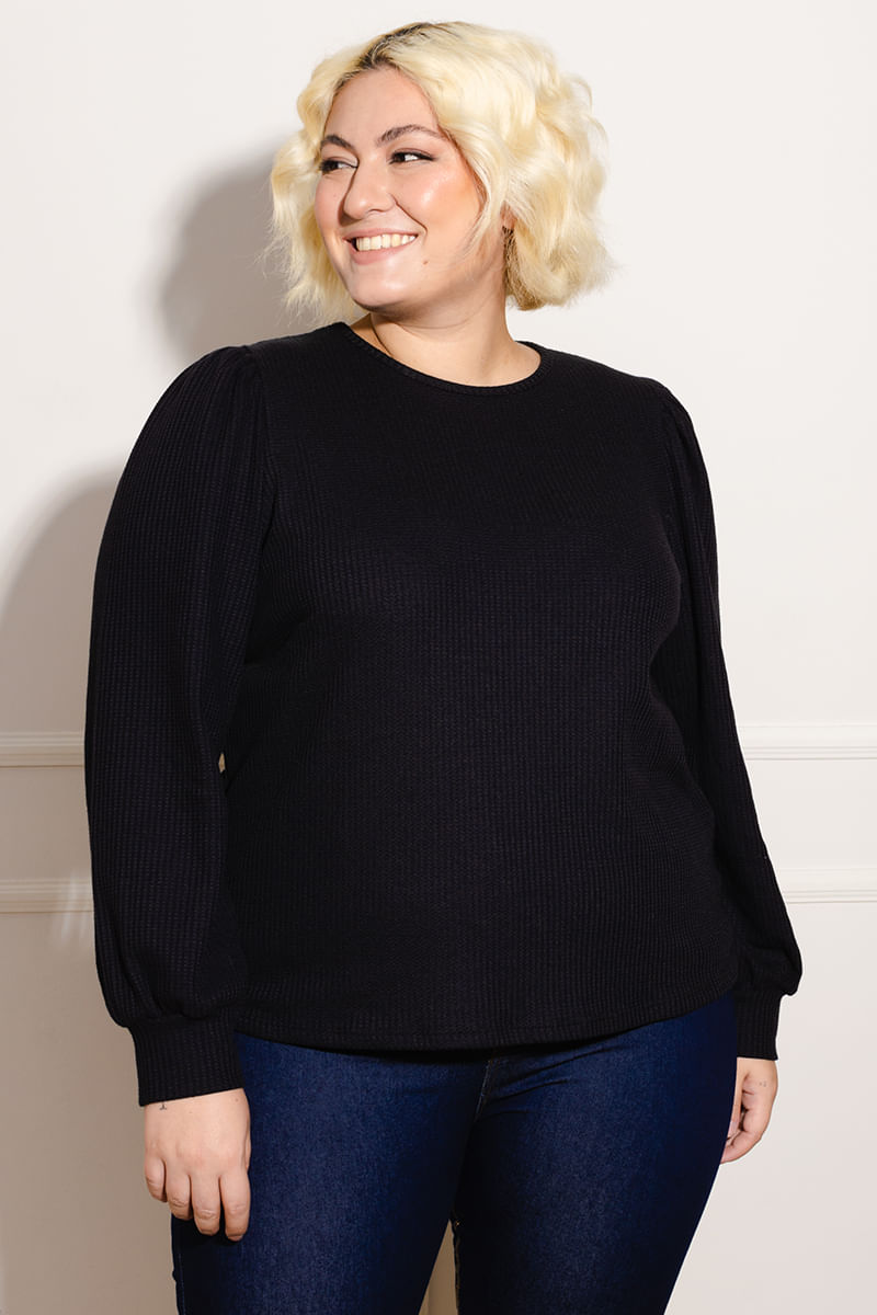 Blusa-Feminina-Plus-Size-Tricot-Manga-Franzida---Preto