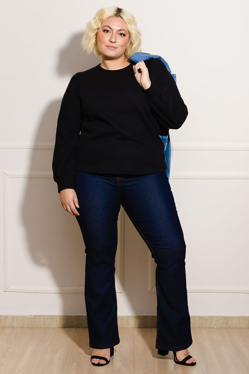 Blusa-Feminina-Plus-Size-Tricot-Manga-Franzida---Preto