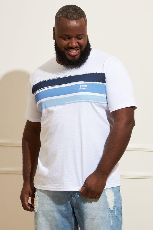 Camiseta Masculina Plus Size  Listras - Branco