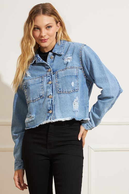 Sawary Jaqueta Jeans Feminina Tachas Azul