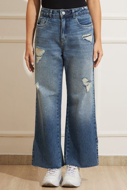 Calça Jeans Feminina Wide Leg Cropped