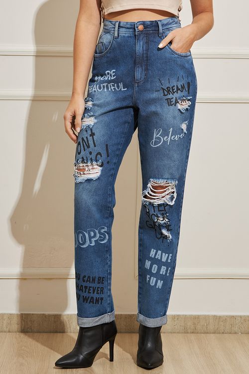 Calça Feminina Jeans Frases e Rasgos