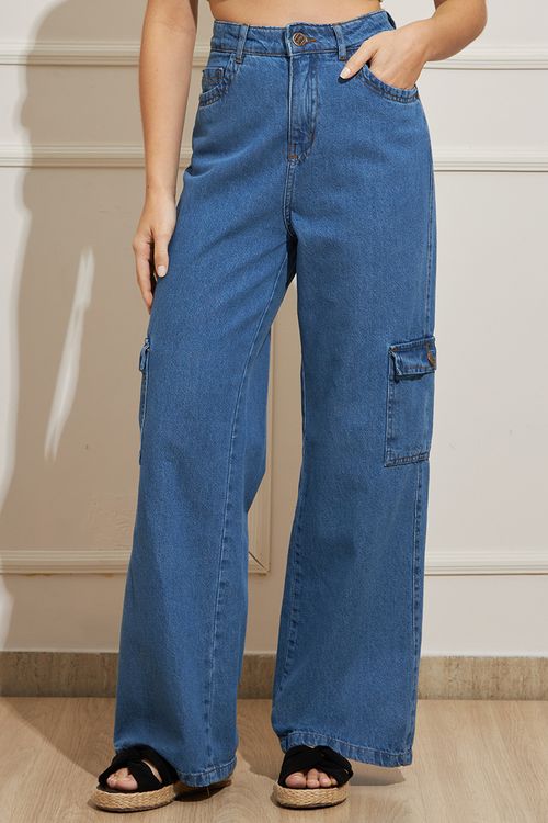 Calça Feminina Jeans Cargo Wide Leg