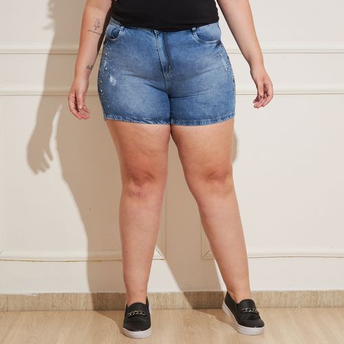 Shorts Jeans Feminino Plus Size Pedrarias e Strass