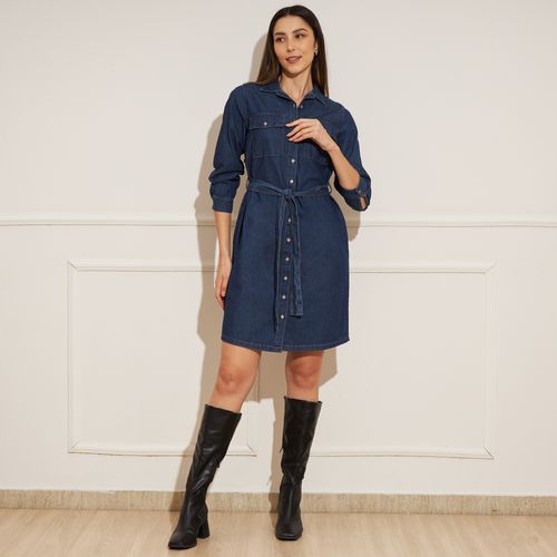 Vestido Feminino Jeans Bolsos e Cinto