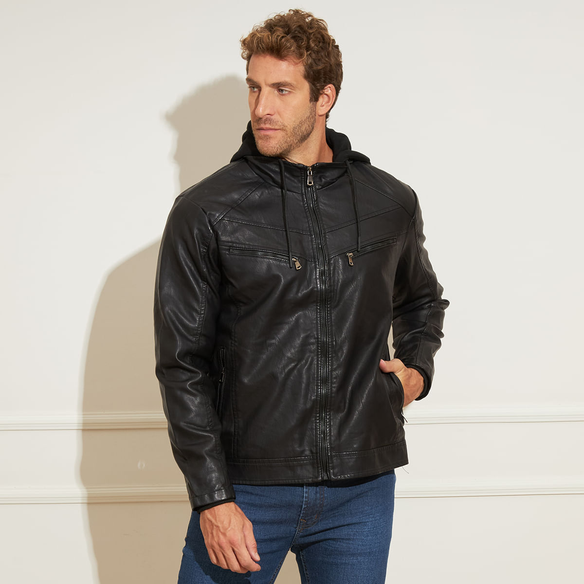 Jaqueta Preta Couro Sintético Jaquetas De Couro Com Capuz