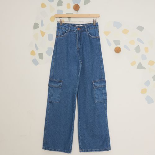 Calça Juvenil Jeans Wide Leg Cargo