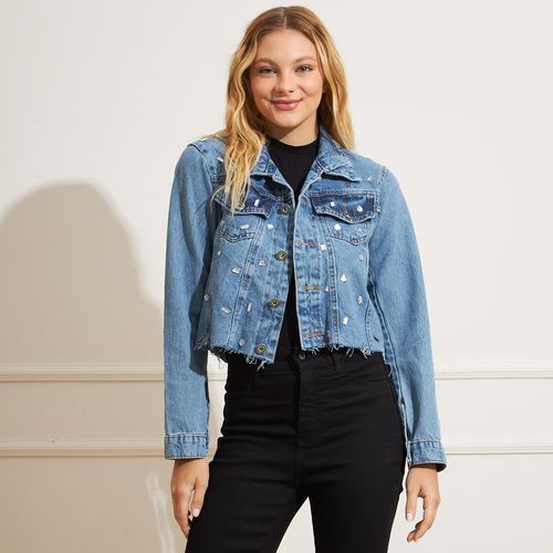 Jaqueta Feminina Jeans Cropped Pedraria