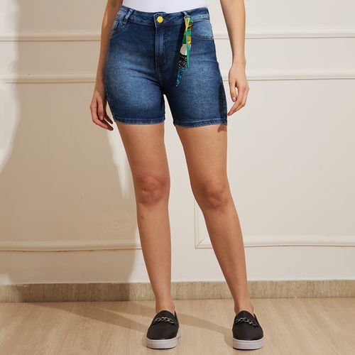 Shorts Feminino Jeans Com Lenço