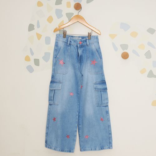 Calça Infantil Jeans Wide Leg Estrelas