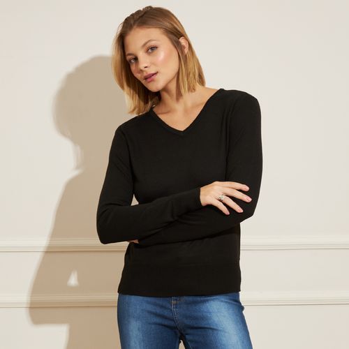 Suéter Feminino Basic Sou Gola V Liso - Preto