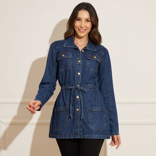 Parka Feminina Jeans Amarração Cinto