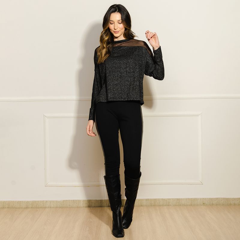 Blusa-Feminina-Lurex-com-Recorte-em-Tule---Prata