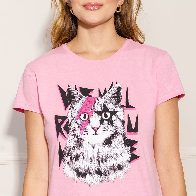 Camiseta-Feminina-Gato-Rocker---Rosa