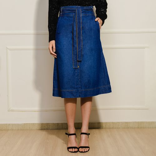Saia Jeans Midi Cinto - Azul