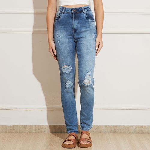 Calça Jeans Feminina Cintura Alta com Detalhes em Destroyed
