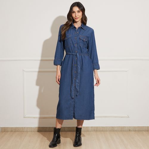 Vestido Jeans Feminino em Chambray Longo com Fechamento em botões e Faixa