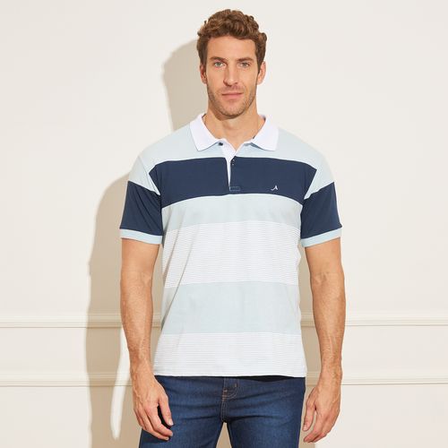 Camisa Polo Masculino Manga Curta Gola em Ribana com Listras Largas 3 cores – Azul