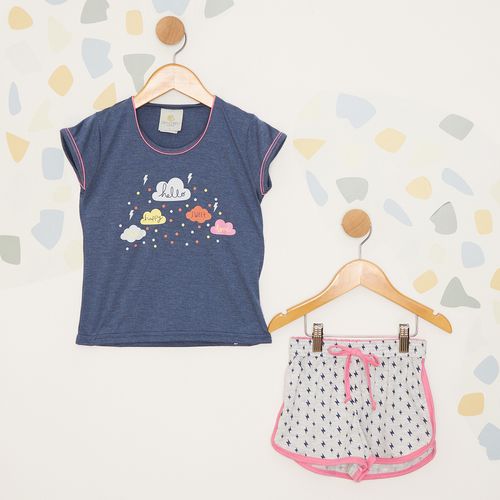 Pijama Infantil Estampado Blusa e Shorts Azul Escuro