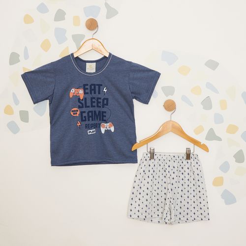 Pijama Infantil Menino Estampado Blusa e Shorts Azul Escuro