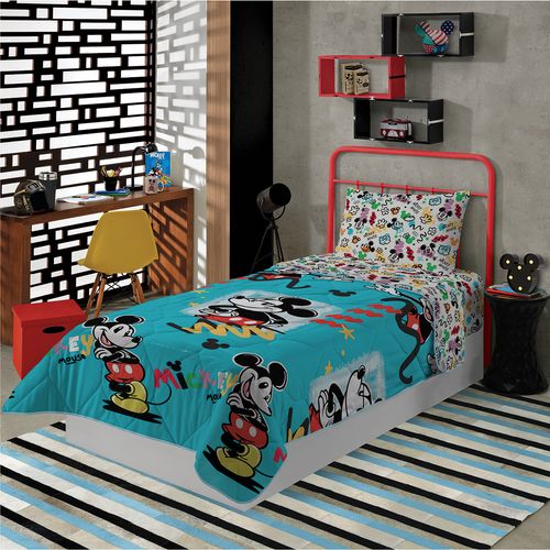 Edredom Solteiro Lepper Mickey Mouse Microfibra Dupla Face Azul 140x210cm