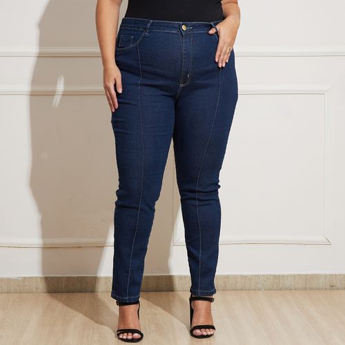 Calça Jeans Feminina Plus Size Cintura Alta Pesponto Azul Escura