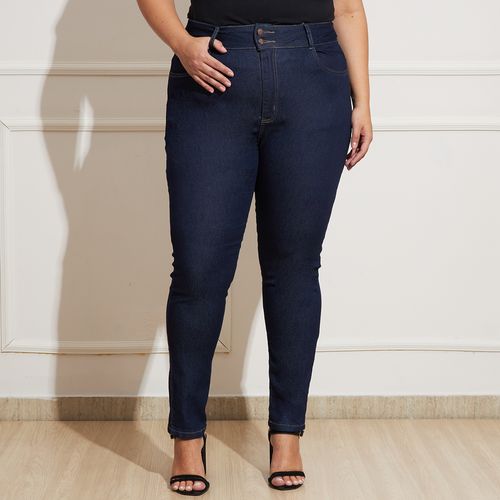 Calça Jeans Feminina Plus Size Cintura Média Cigarrete Azul Escura