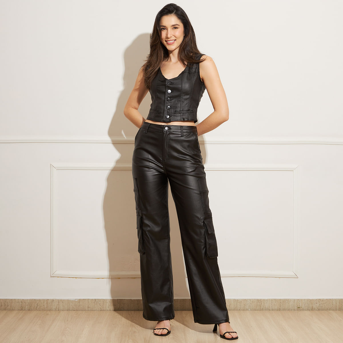 Calça Feminina CalÃ§a Jeans Com Couro Calça Feminina Jeans 