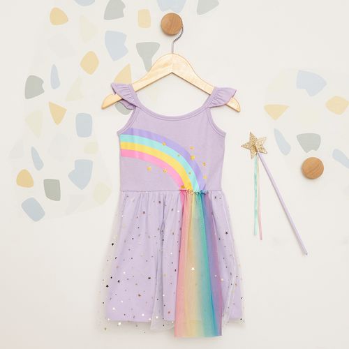 Vestido Infantil Lilás com Arco-íris e Tule Estrelado