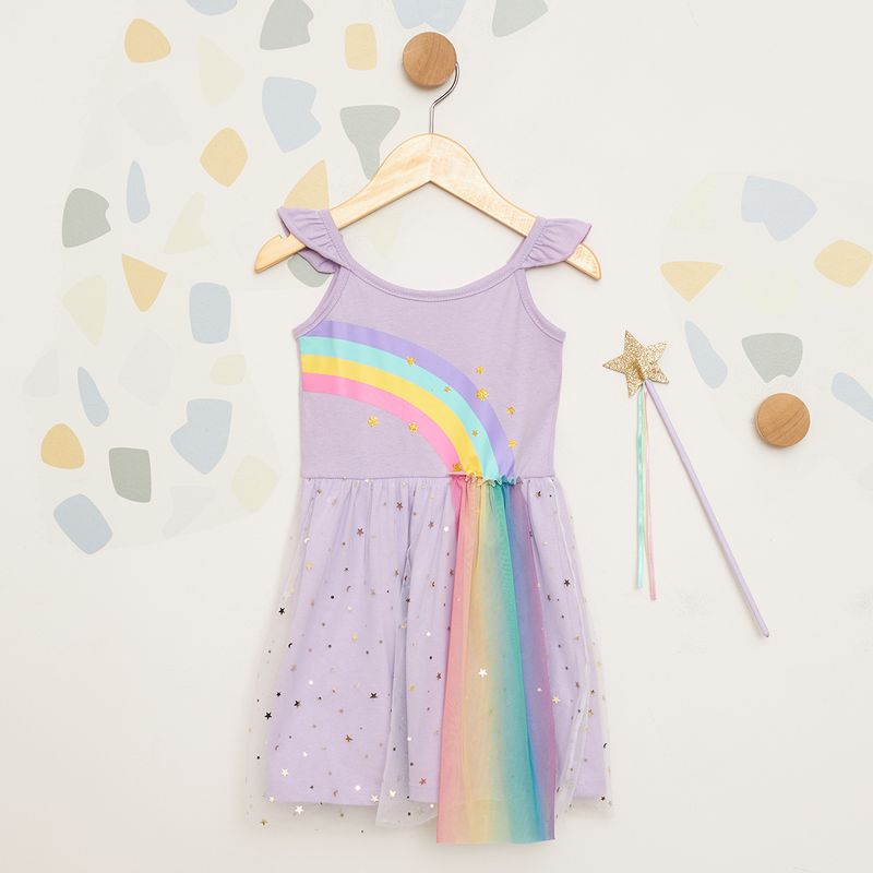 Vestido-Infantil-Lilas-com-Arco-iris-e-Tule-Estrelado