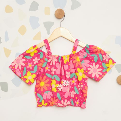 Blusa Infantil Ombro a Ombro Estampada com Flores - Rosa