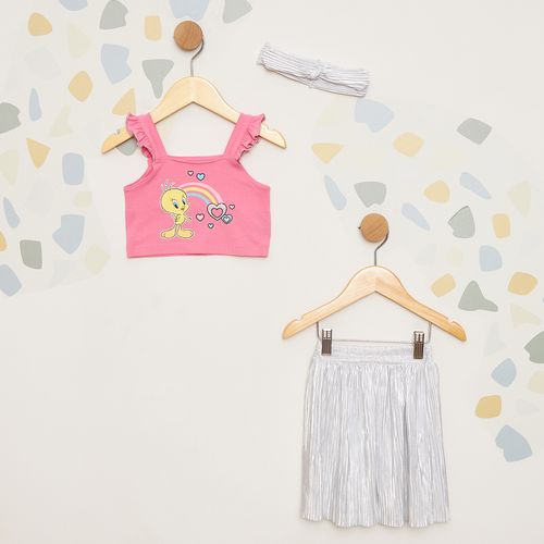 Conjunto Infantil Tweety com Top, Saia Prateada e Faixa de Cabelo