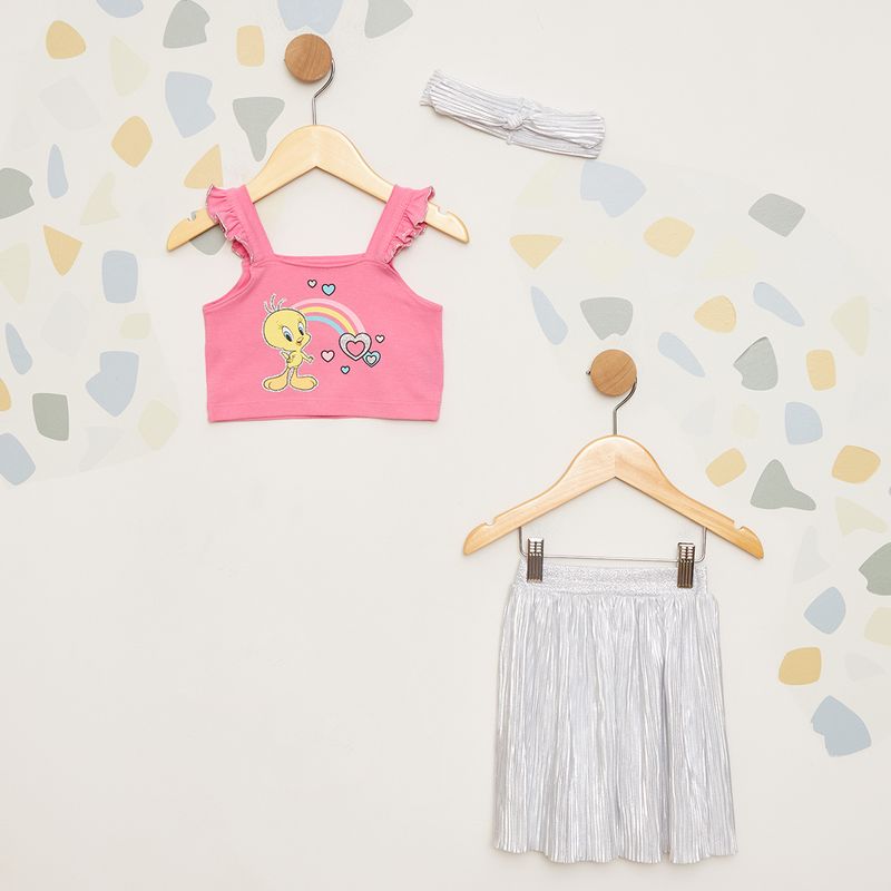 Conjunto-Infantil-Tweety-com-Top-Saia-Prateada-e-Faixa-de-Cabelo
