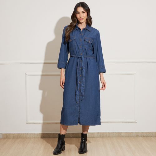 Vestido Camisa Midi em Jeans com Cinto - Azul